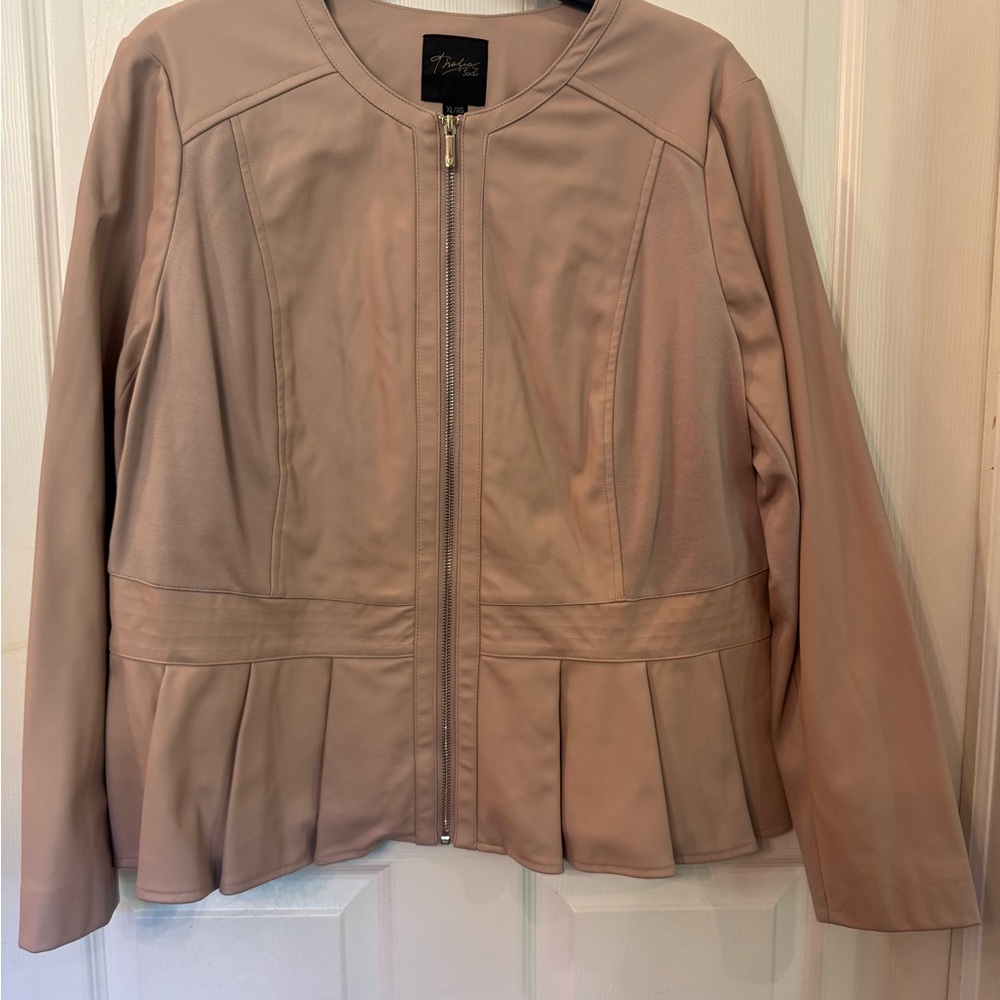 Thalia Sodi Beige Leather Jacket with Peplum Hem